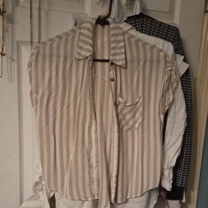 Moa Moa Beige and White Striped Button-Up Blouse